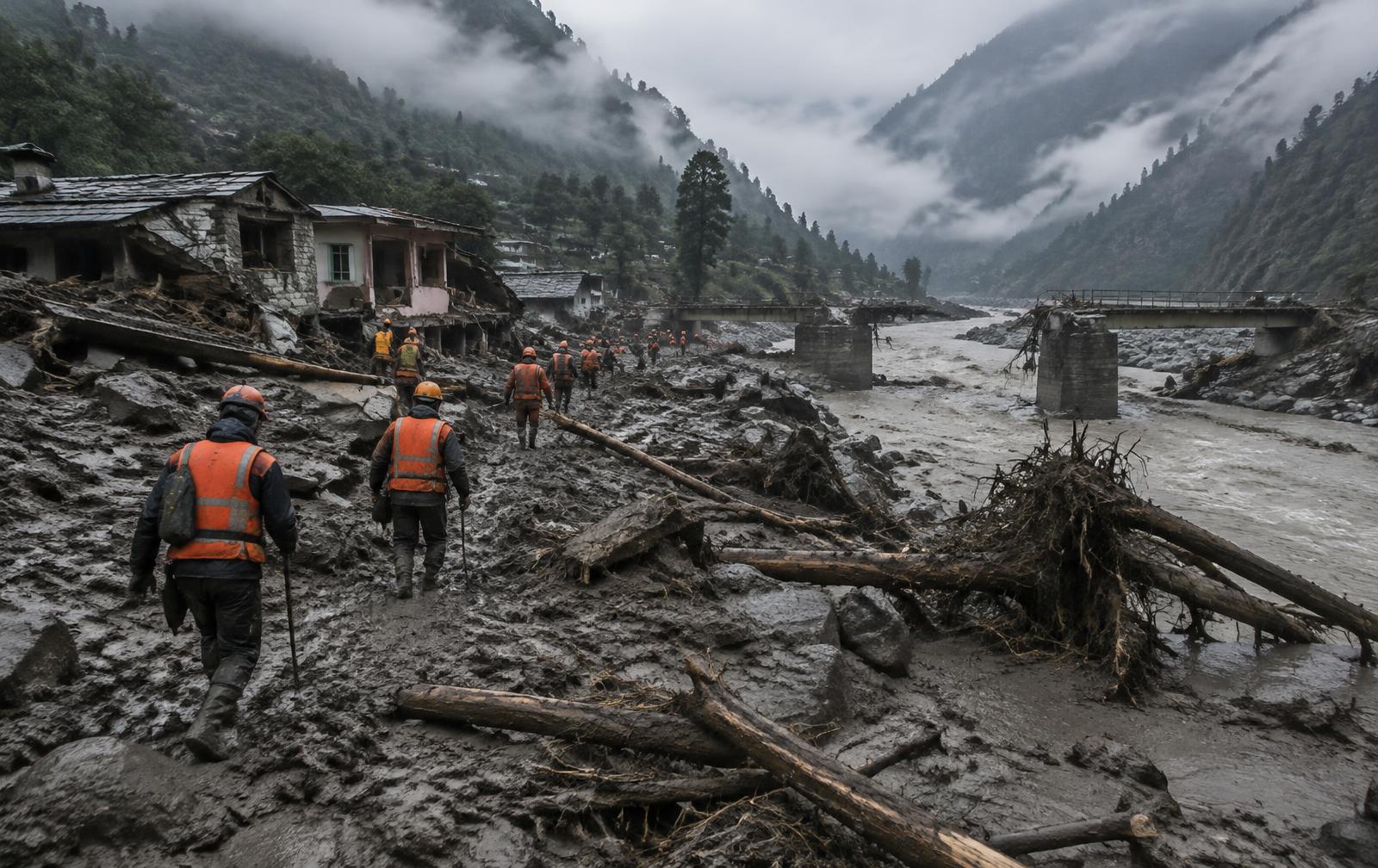 Vallée himalayenne dévastée par les crues, sauveteurs dans la boue — image d’illustration